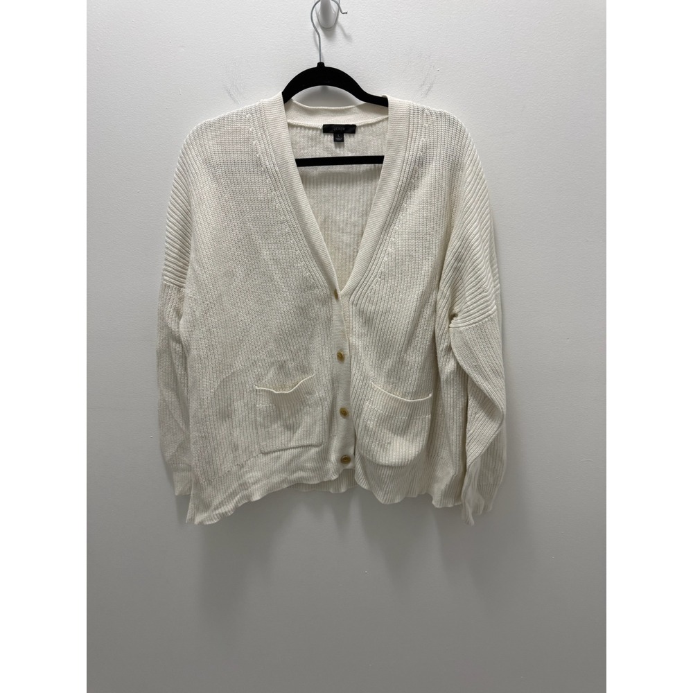 J.Crew Womens Large Cream White Cotton Cashmere Ribbed V-Neck Cardigan Sweater